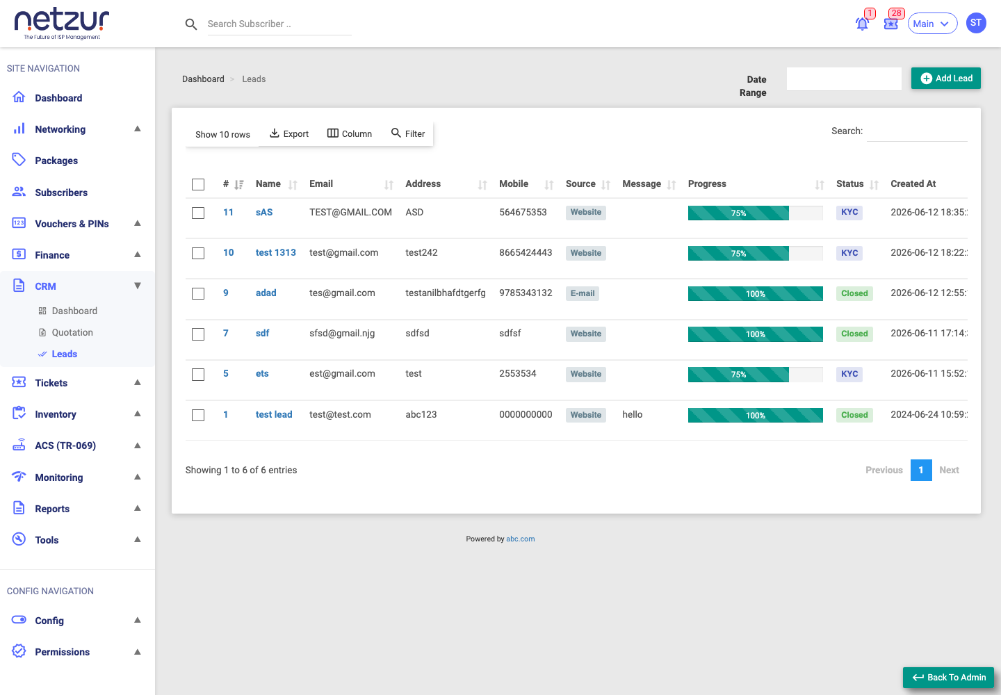 The Leads list showing name, contact, source, progress bar and status