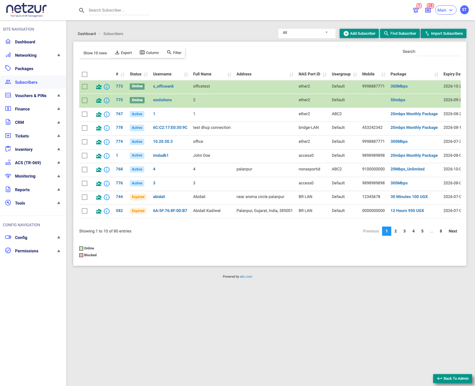 The subscriber list showing status, username, name, package, expiry and more, with Add / Find / Import buttons