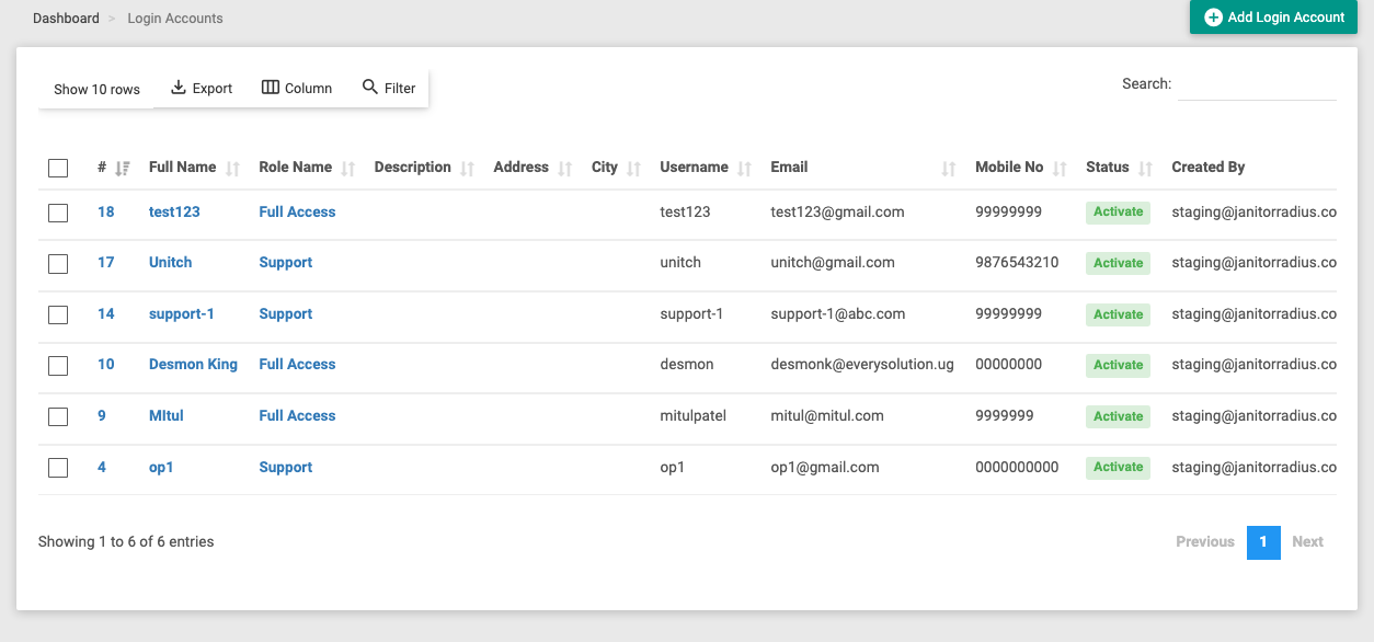 The Login Accounts list