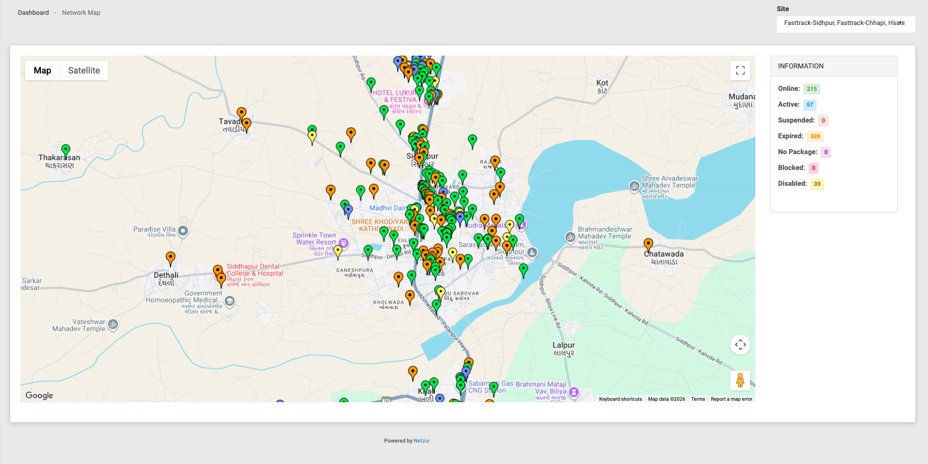 The Network Map with subscriber markers and an Information panel counting each status