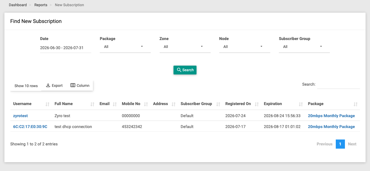 The New Subscription report