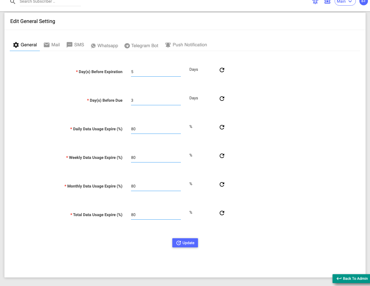 The Notifications General tab with alert-timing thresholds and the channel tabs