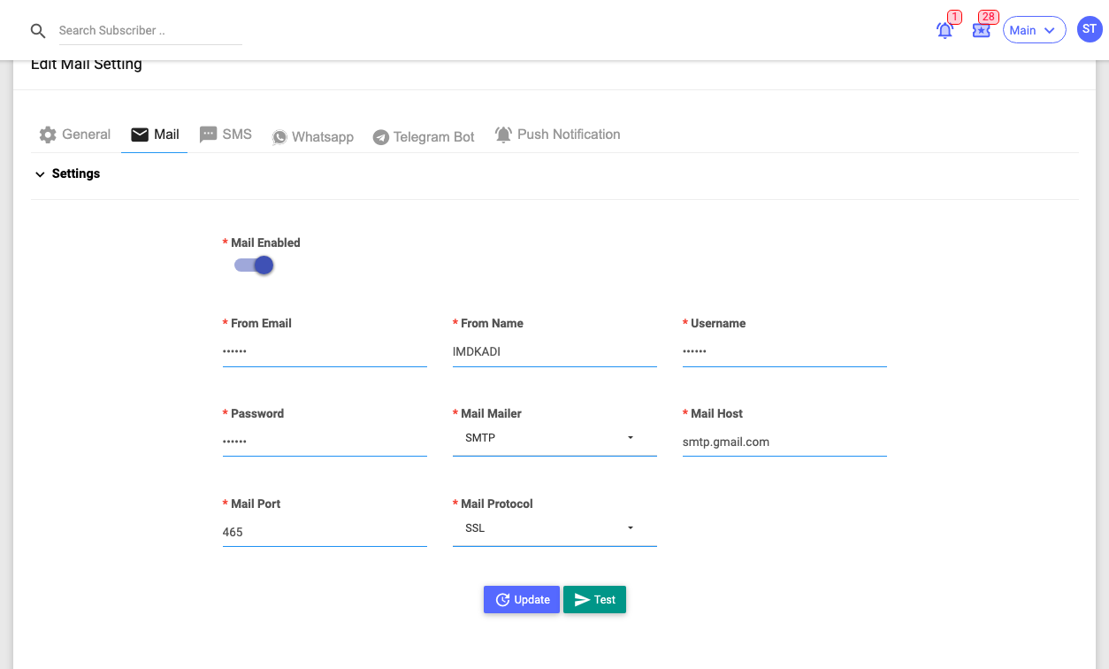The Mail tab's Settings panel
