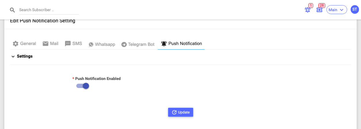 The Push Notification tab's Settings panel
