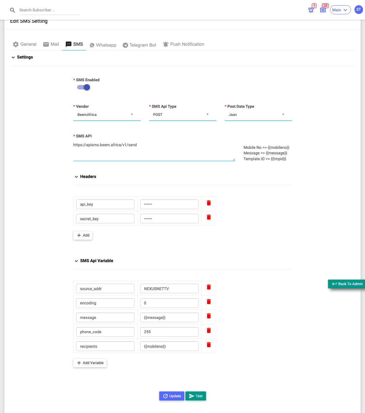 The SMS tab's Settings panel with vendor, API, headers and variables