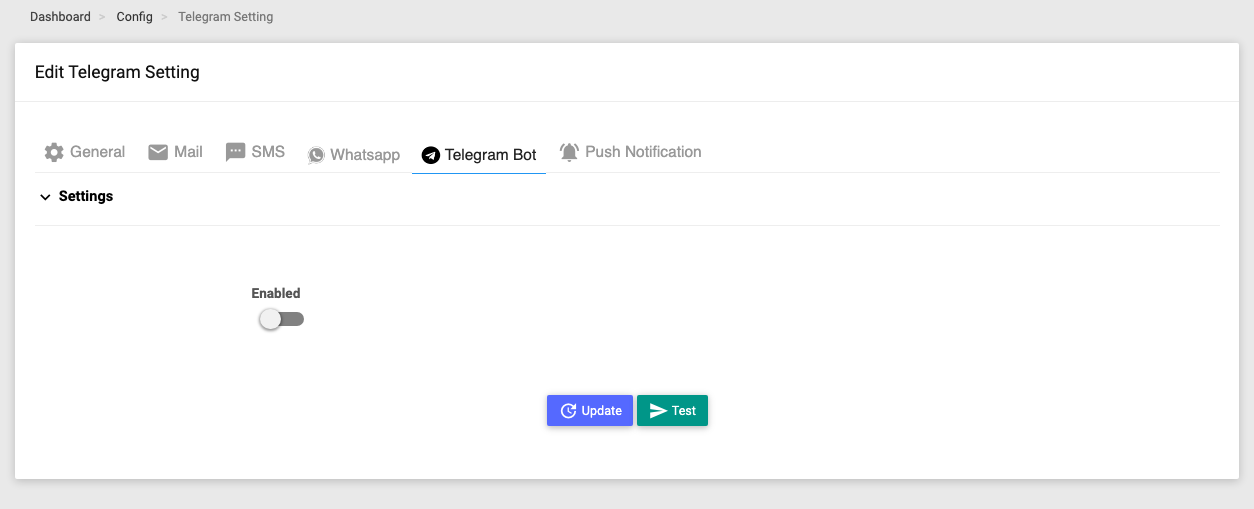 The Telegram Bot tab's Settings panel