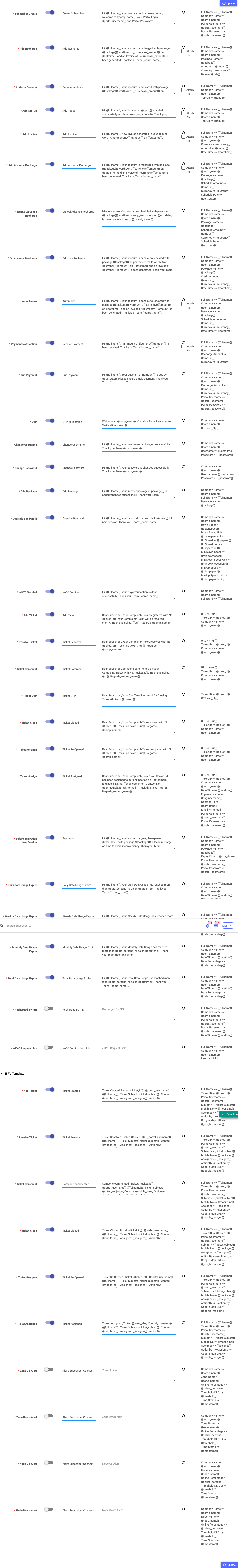 The full Mail template list — subscriber events and the ISP's Template staff alerts