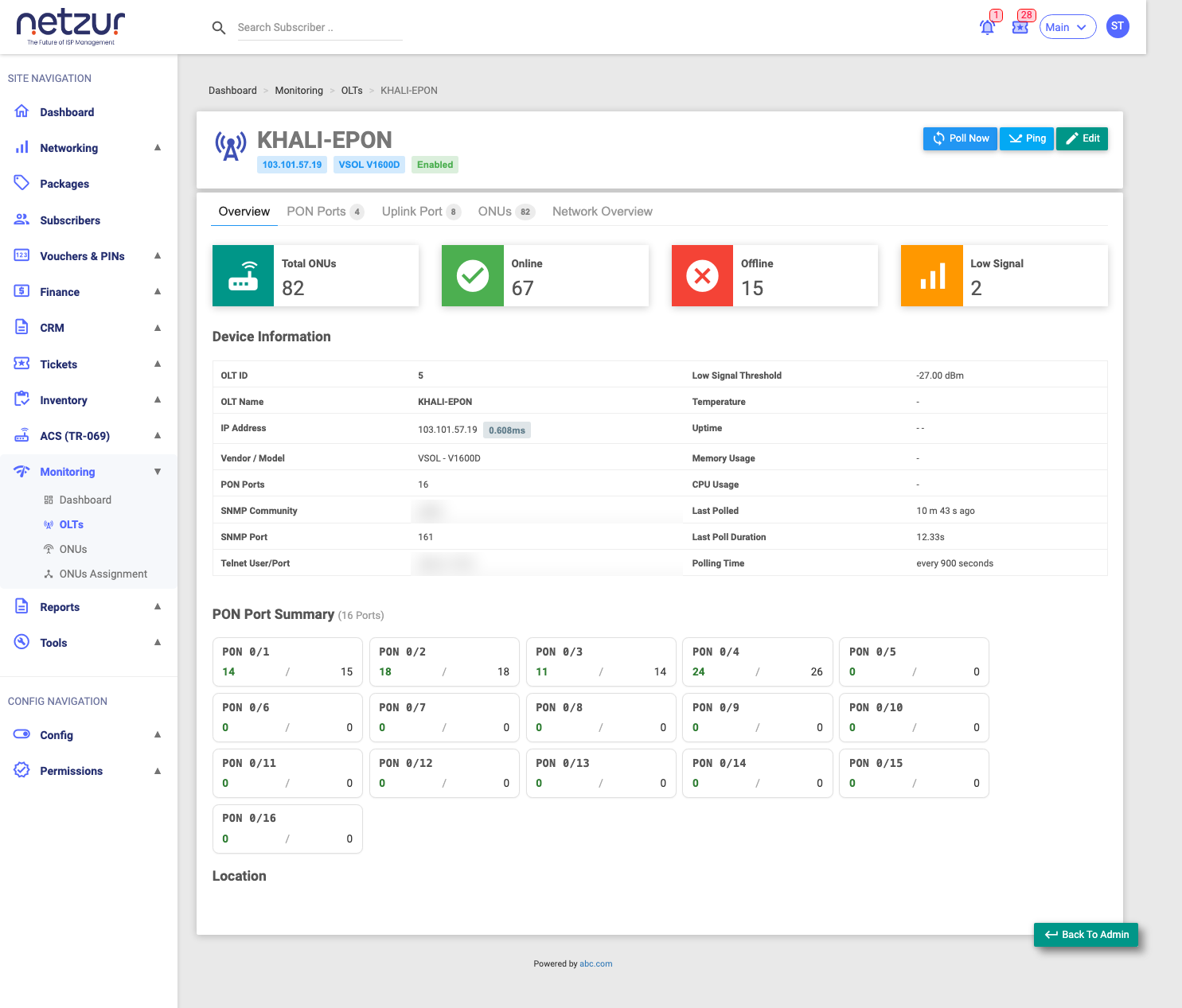 The OLT Overview tab: status header, stat tiles, device information and the PON port summary