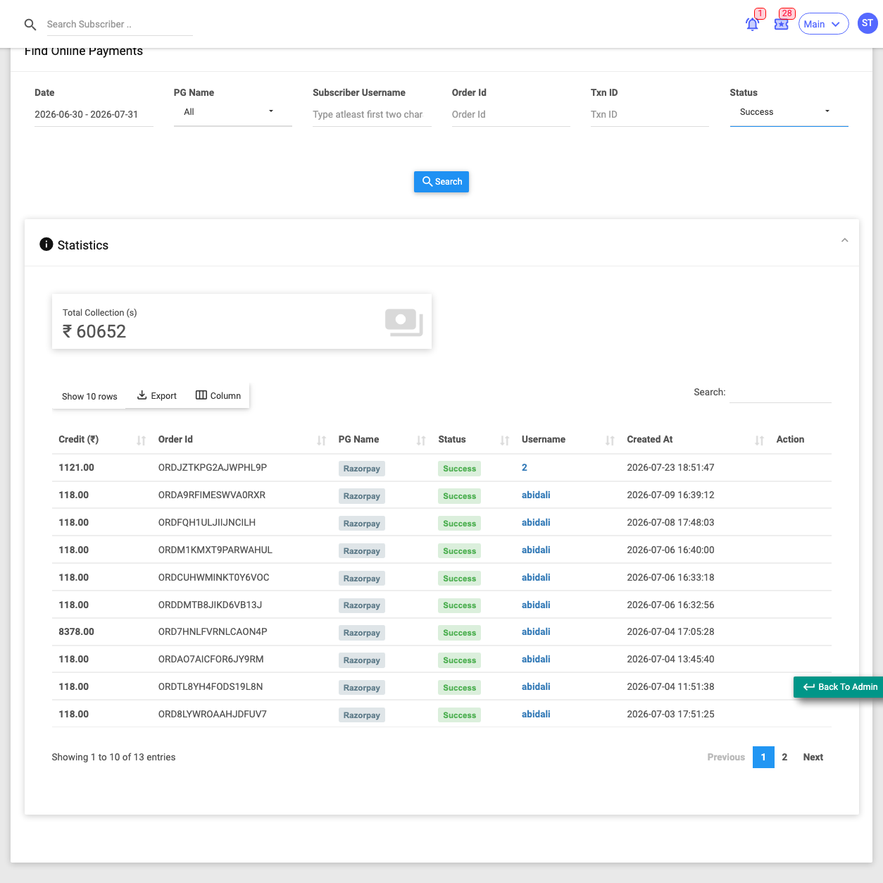The Online Payments report listing gateway transactions