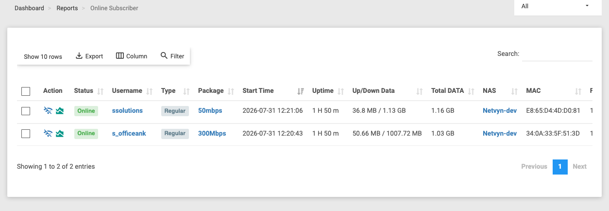 The Online Subscriber report listing currently-connected sessions