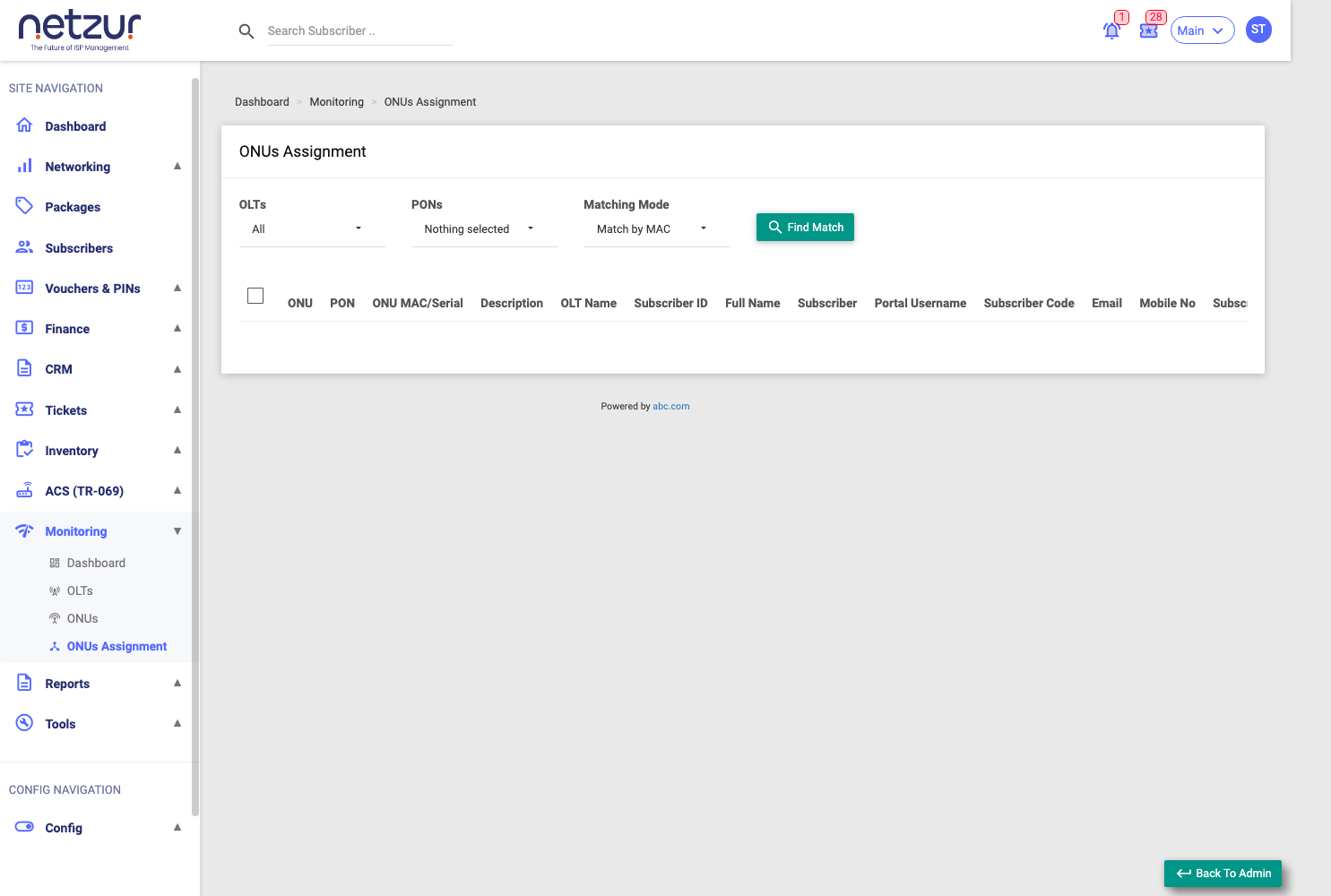 The ONU Assignment screen with matching filters and matched ONU–subscriber pairs