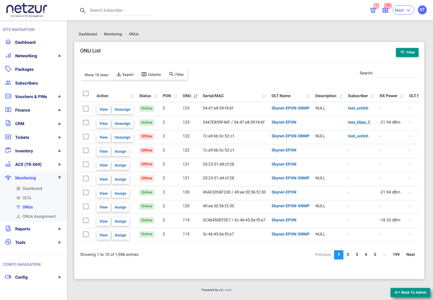 The ONU List with status, signal, OLT and subscriber columns