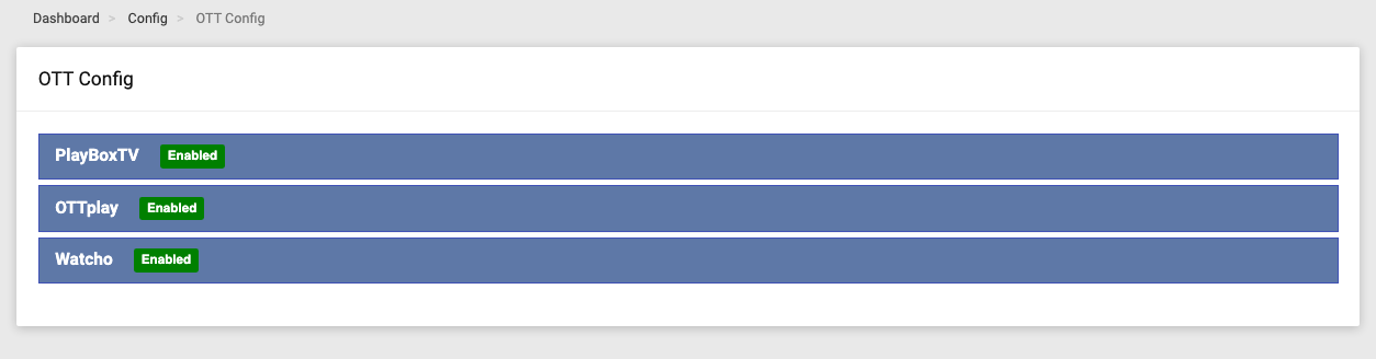 The OTT settings, one panel per provider