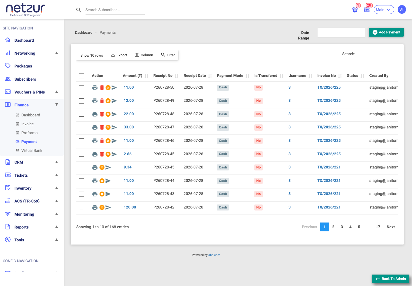 The Payments list showing amount, receipt no, date, payment mode and subscriber
