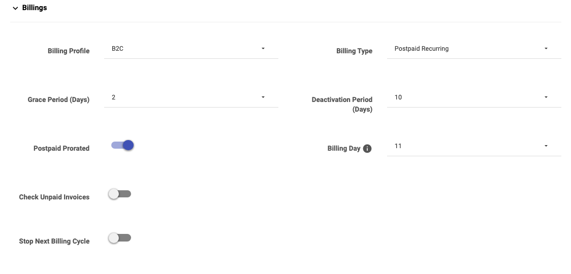 A postpaid subscriber's Settings tab: Billing Type Postpaid Recurring, Grace Period, Deactivation Period, Postpaid Prorated, Billing Day, Check Unpaid Invoices and Stop Next Billing Cycle