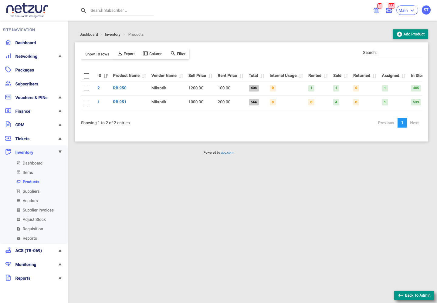 The Products list with prices and per-status item counts