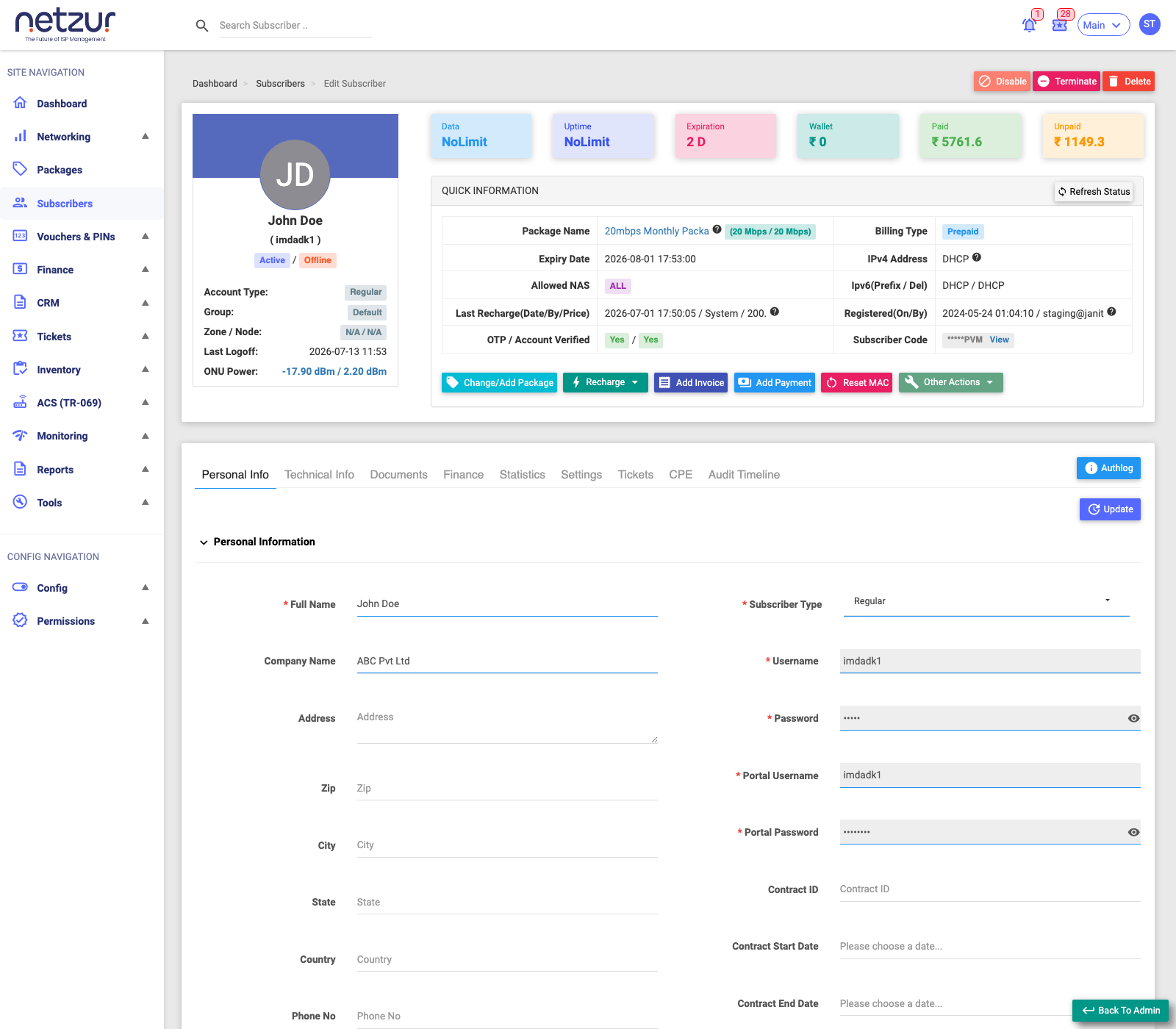 The imdadk1 subscriber profile header: summary card, KPI boxes, quick information, and action buttons, with the tab strip below