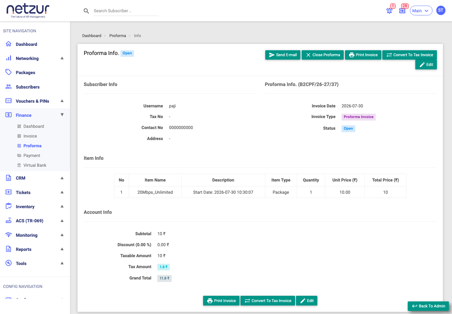 A proforma's info page with subscriber info, item lines, totals and the Convert To Tax Invoice button