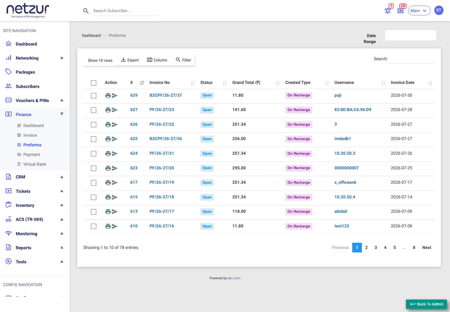 The Proformas list showing proforma numbers, status, amounts and created type