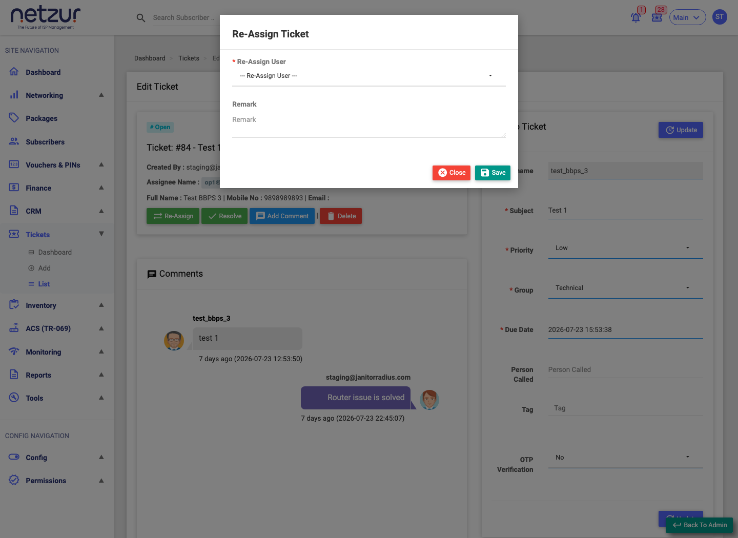 The Re-Assign Ticket modal with a user dropdown and remark