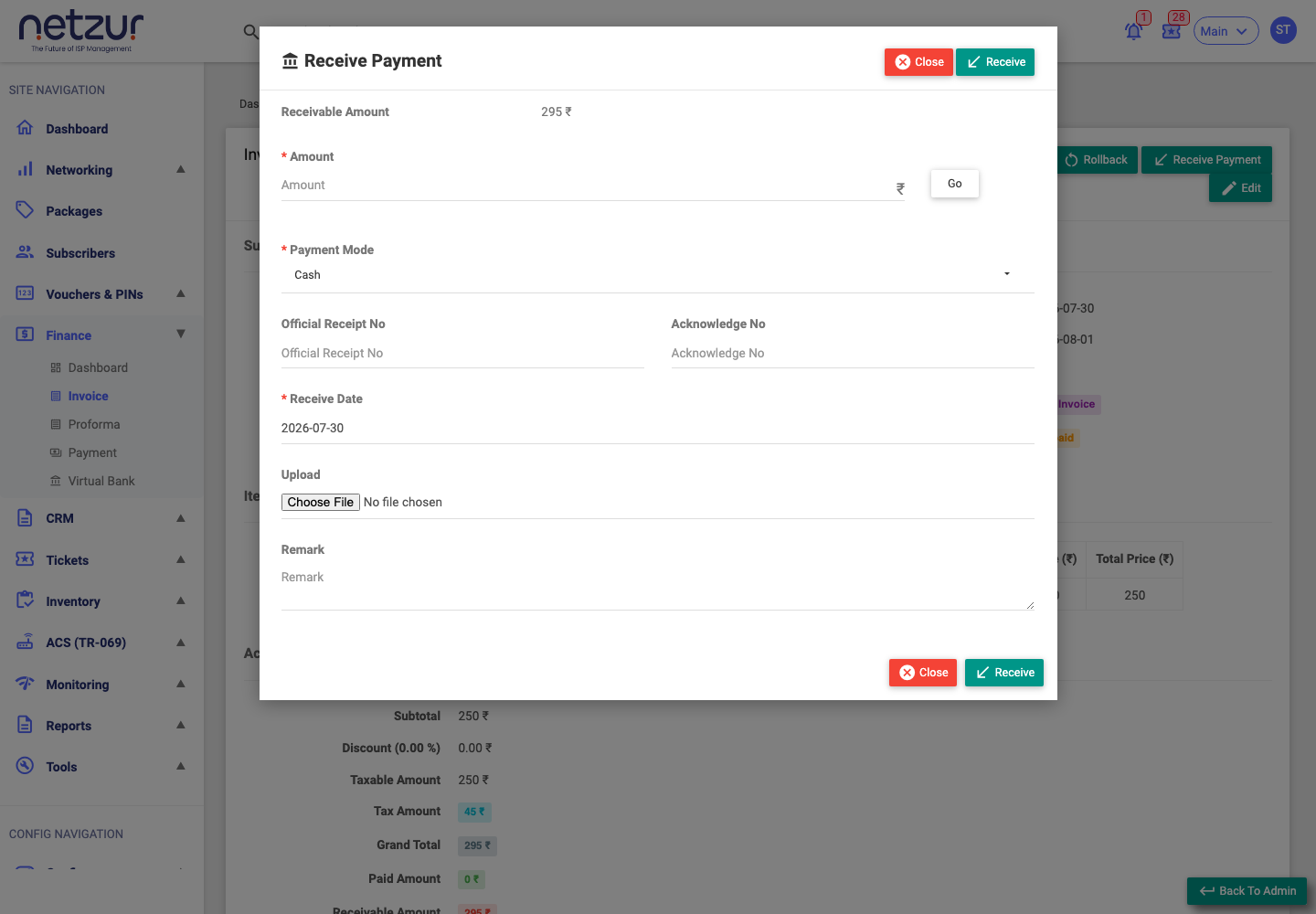 The Receive Payment modal on an invoice, showing receivable amount, amount, payment mode and reference fields