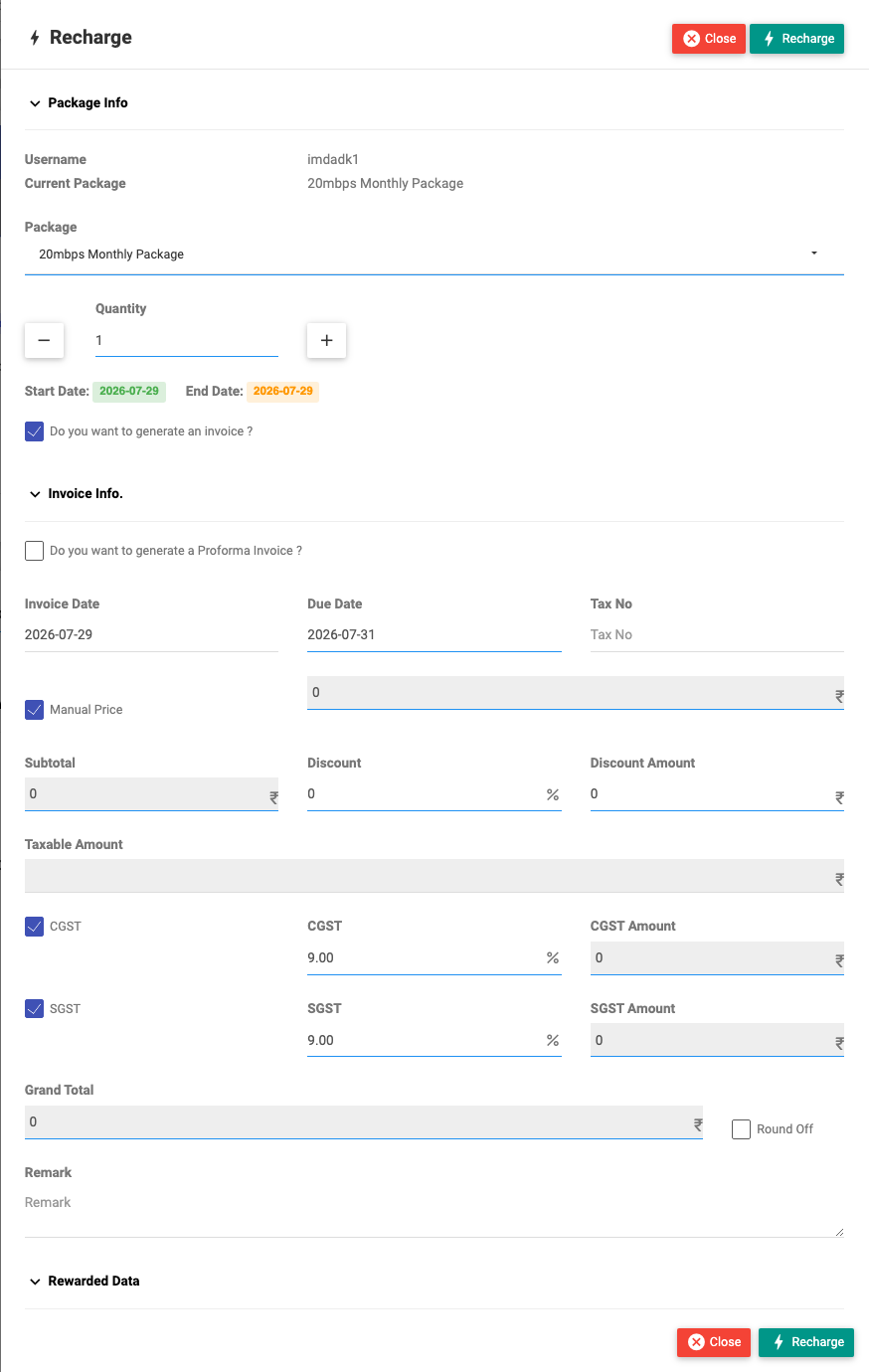 The Recharge dialog: package selection, quantity, invoice details, discount, taxes, grand total and rewarded data