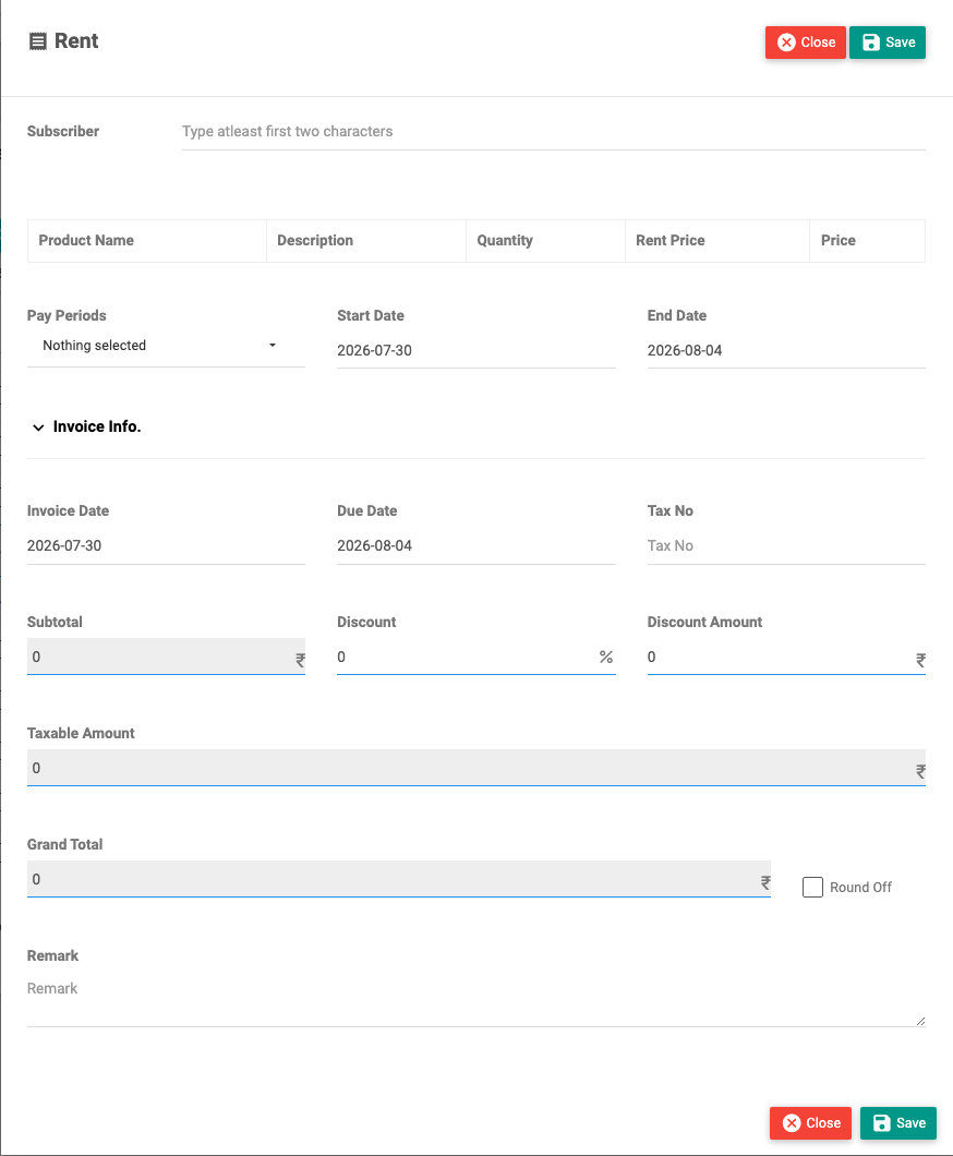 The Rent modal with subscriber, line items, pay periods, start and end dates, and invoice totals