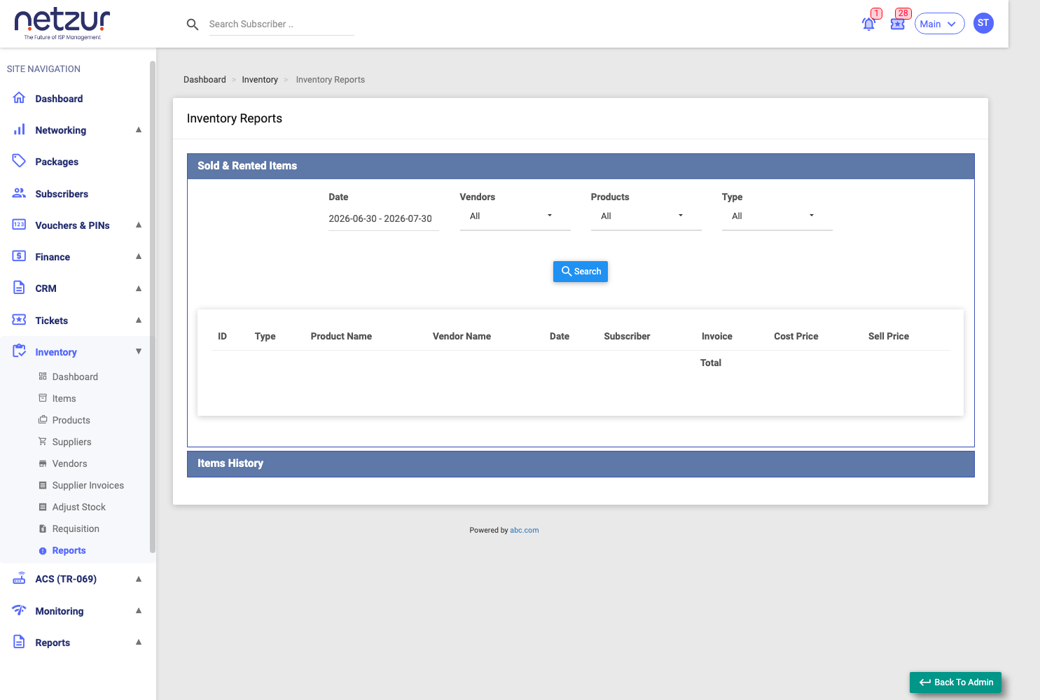 The Inventory Reports screen with the Sold &amp; Rent Items and Item History panels