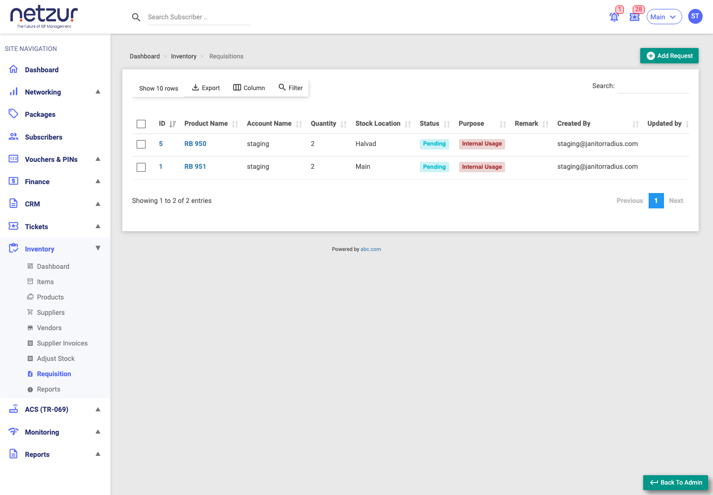 The Requisitions list with product, quantity, status and purpose columns