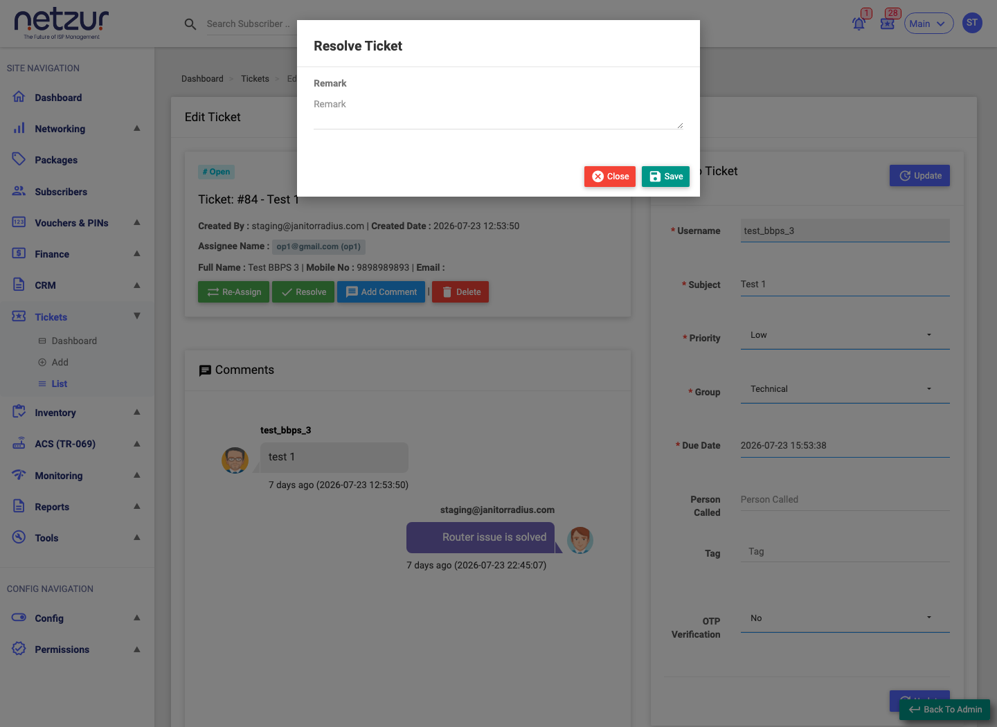The Resolve modal with a remark field