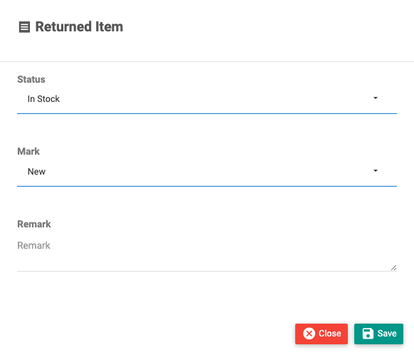 The Returned Item modal with status, condition mark and remark