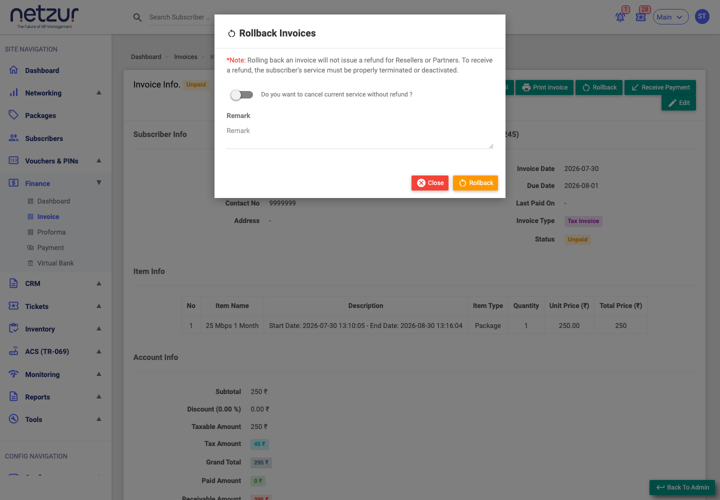 The Rollback Invoices modal with the refund note, the cancel-service toggle and a remark field