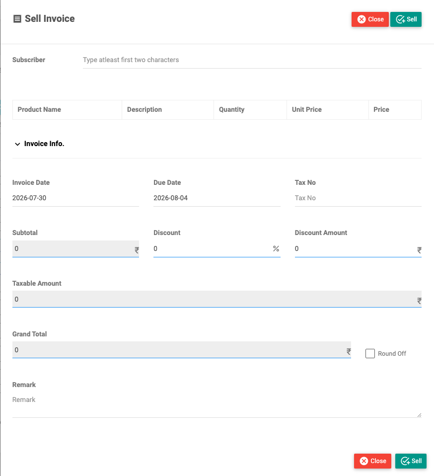The Sell Invoice modal with subscriber, line items, invoice info, discounts, taxes and grand total