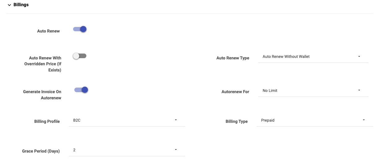 The Billings section of the subscriber Settings tab showing Auto Renew, Auto Renew Type, Autorenew For and related options