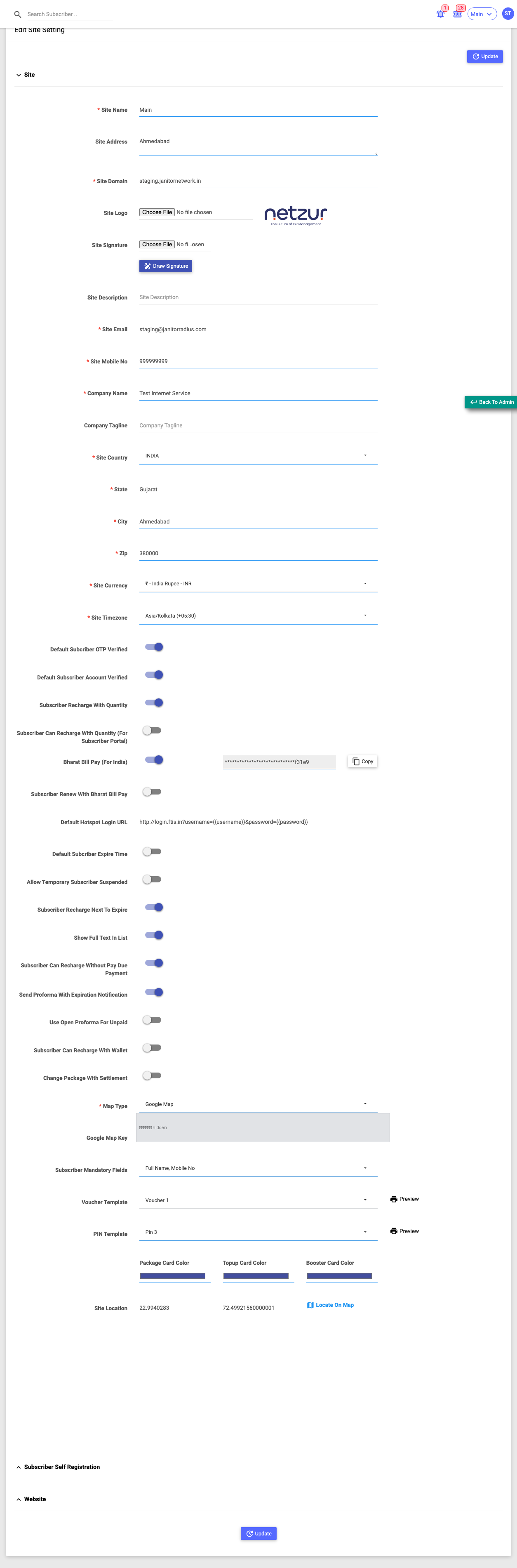 The Site Setting page with identity, region, subscriber-default and map fields