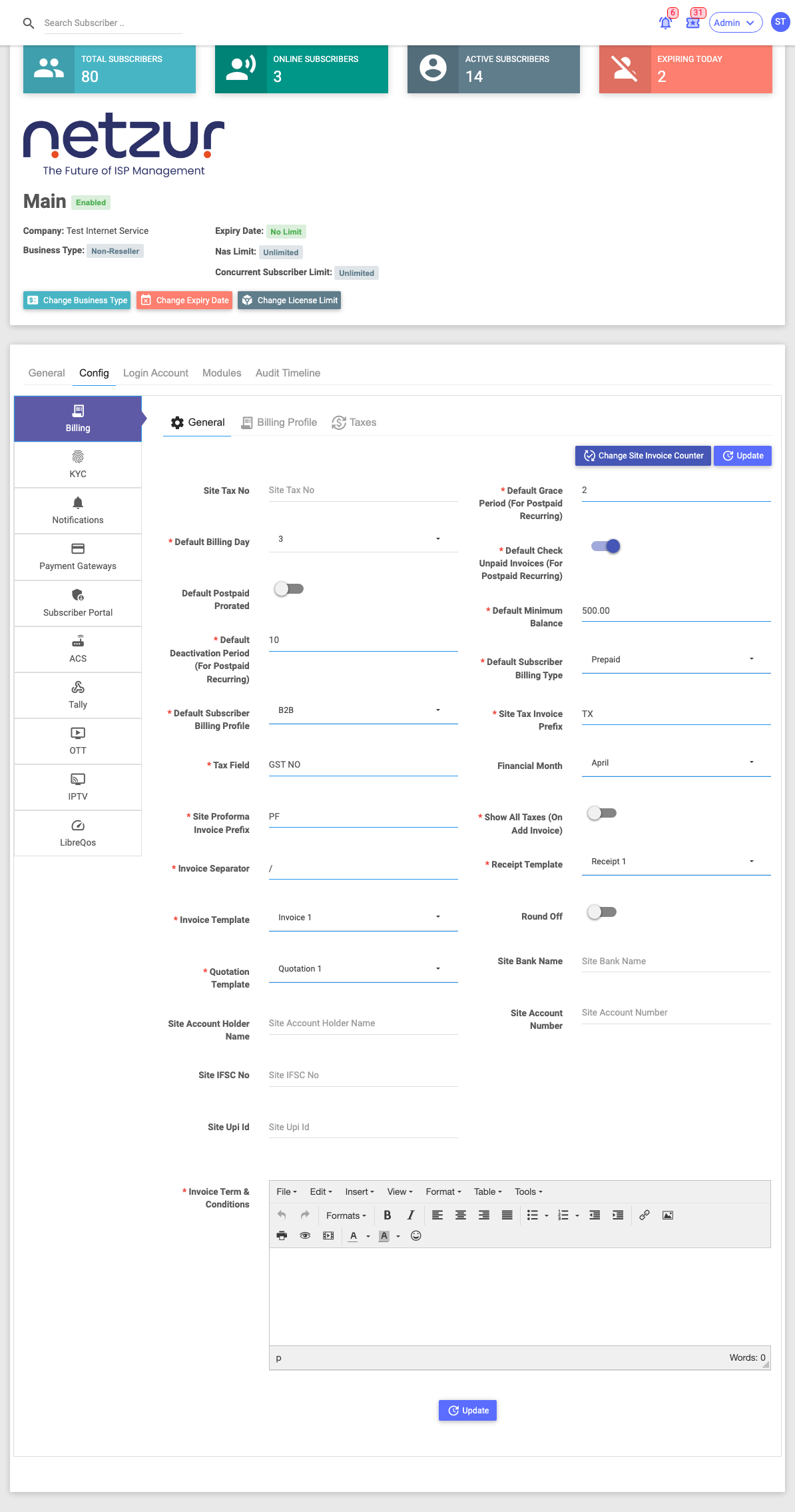The Config tab — a site's full settings