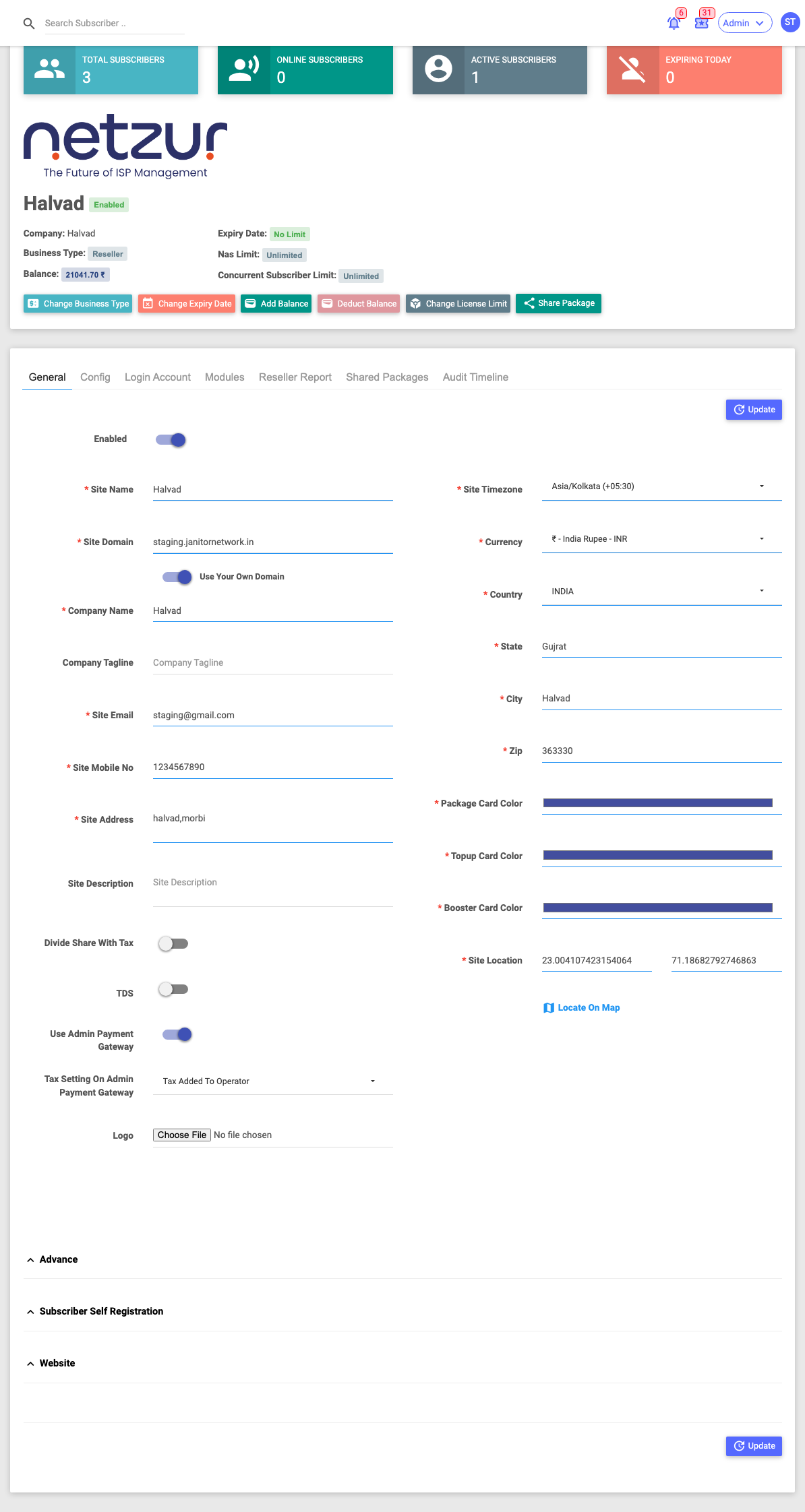A reseller site — header, action buttons and tabs