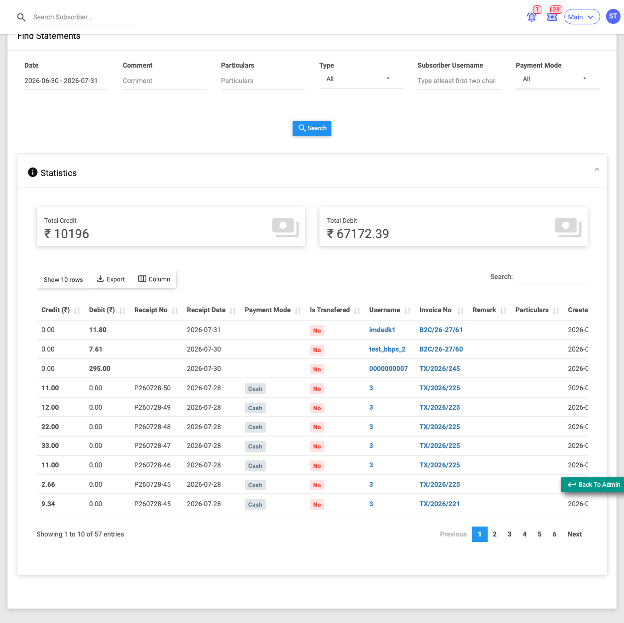 The Statements report showing credits and debits