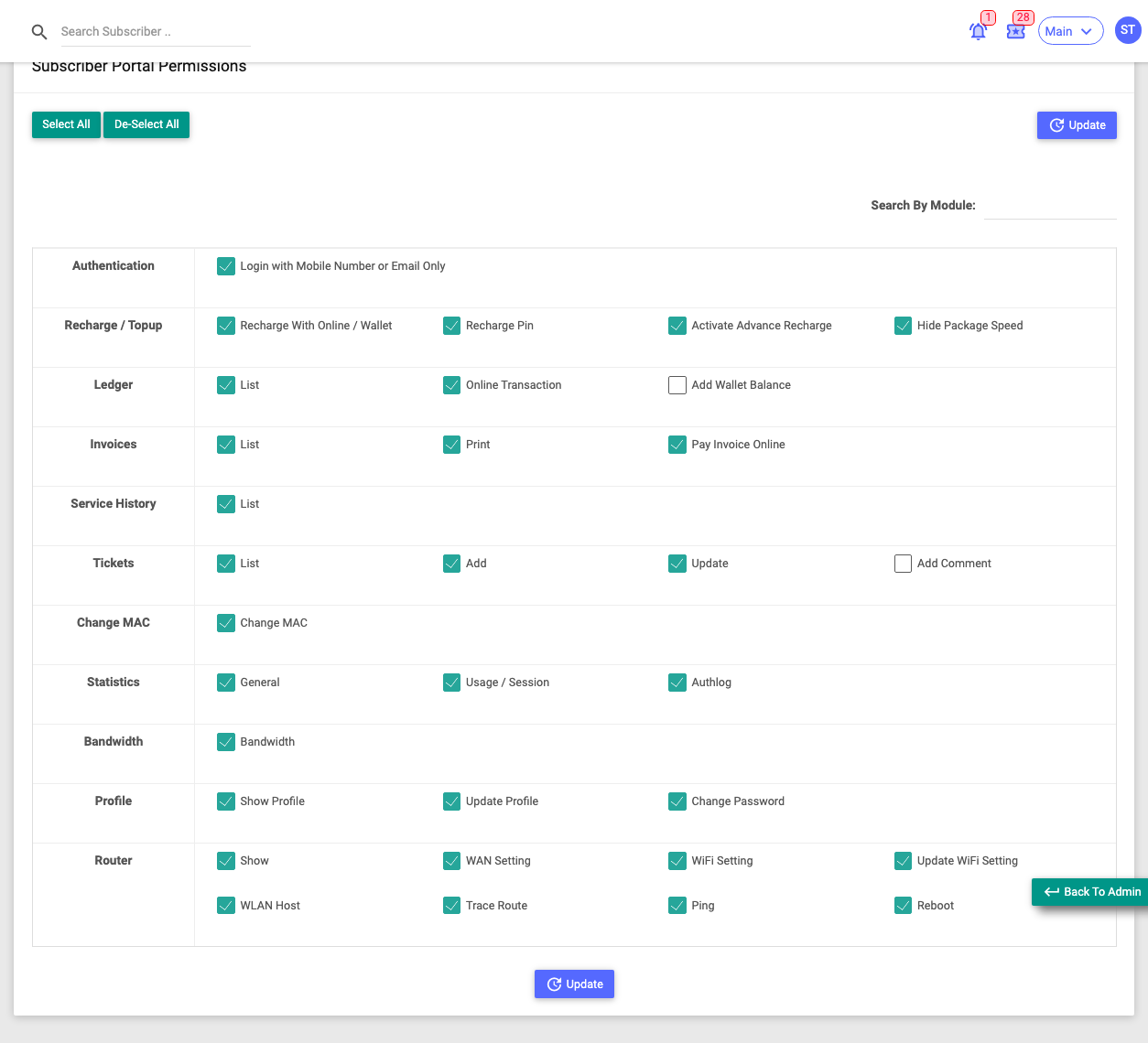 The Subscriber Portal permissions grid grouped by feature