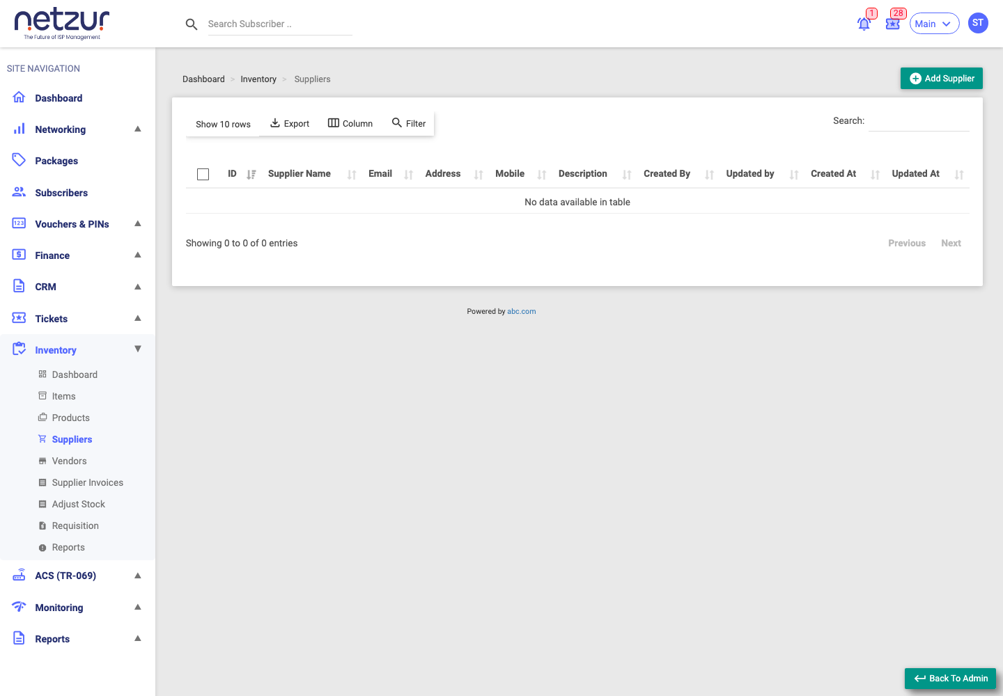 The Suppliers list with name, email, address and mobile columns