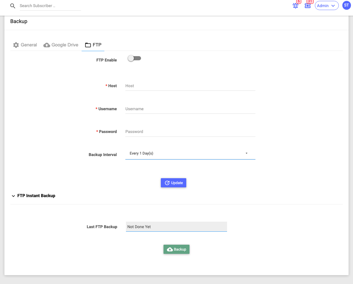The Backup page — FTP tab