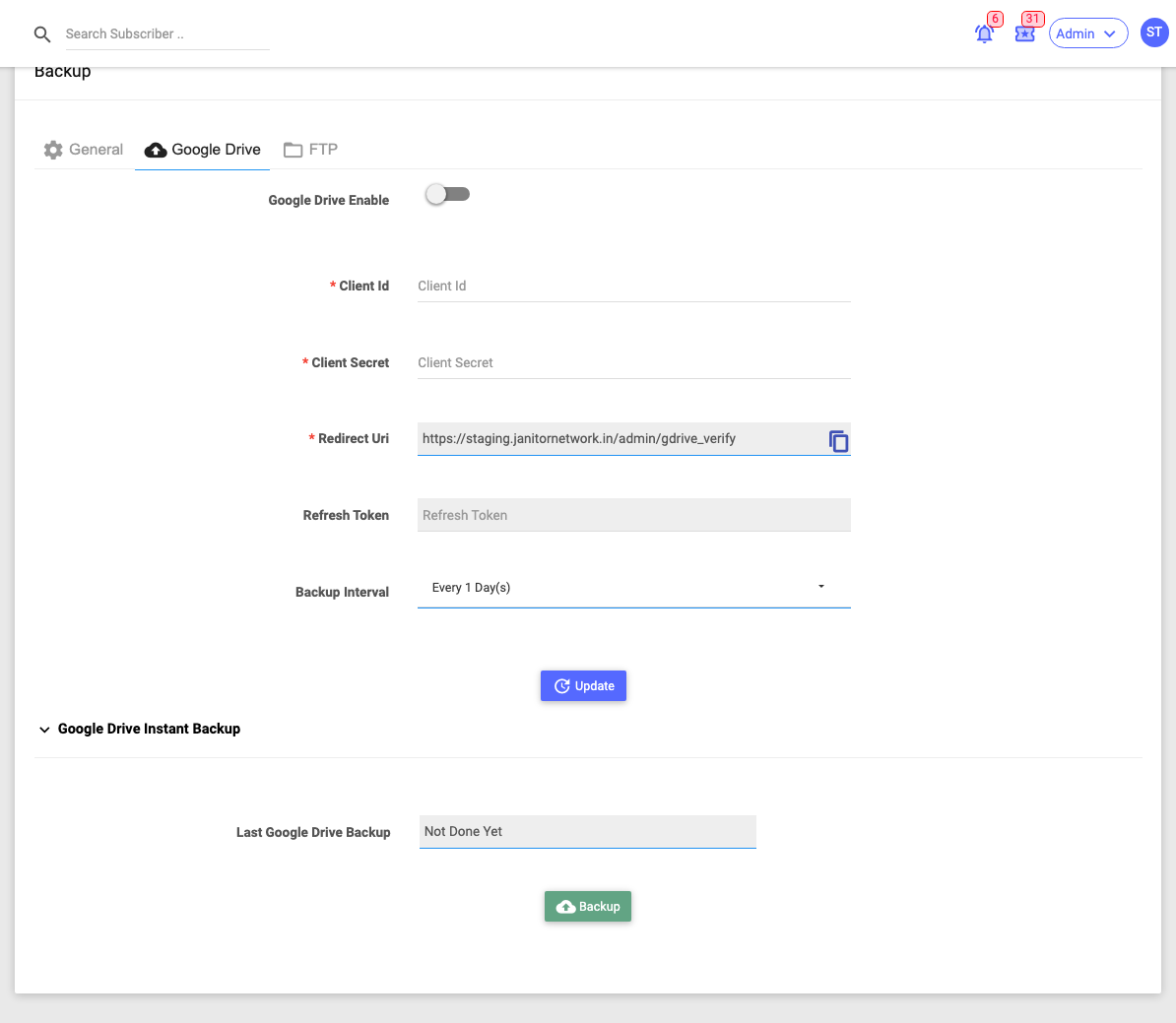 The Backup page — Google Drive tab