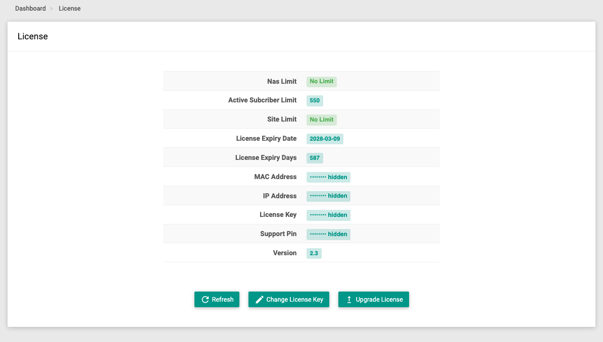 The License page (sensitive values hidden)