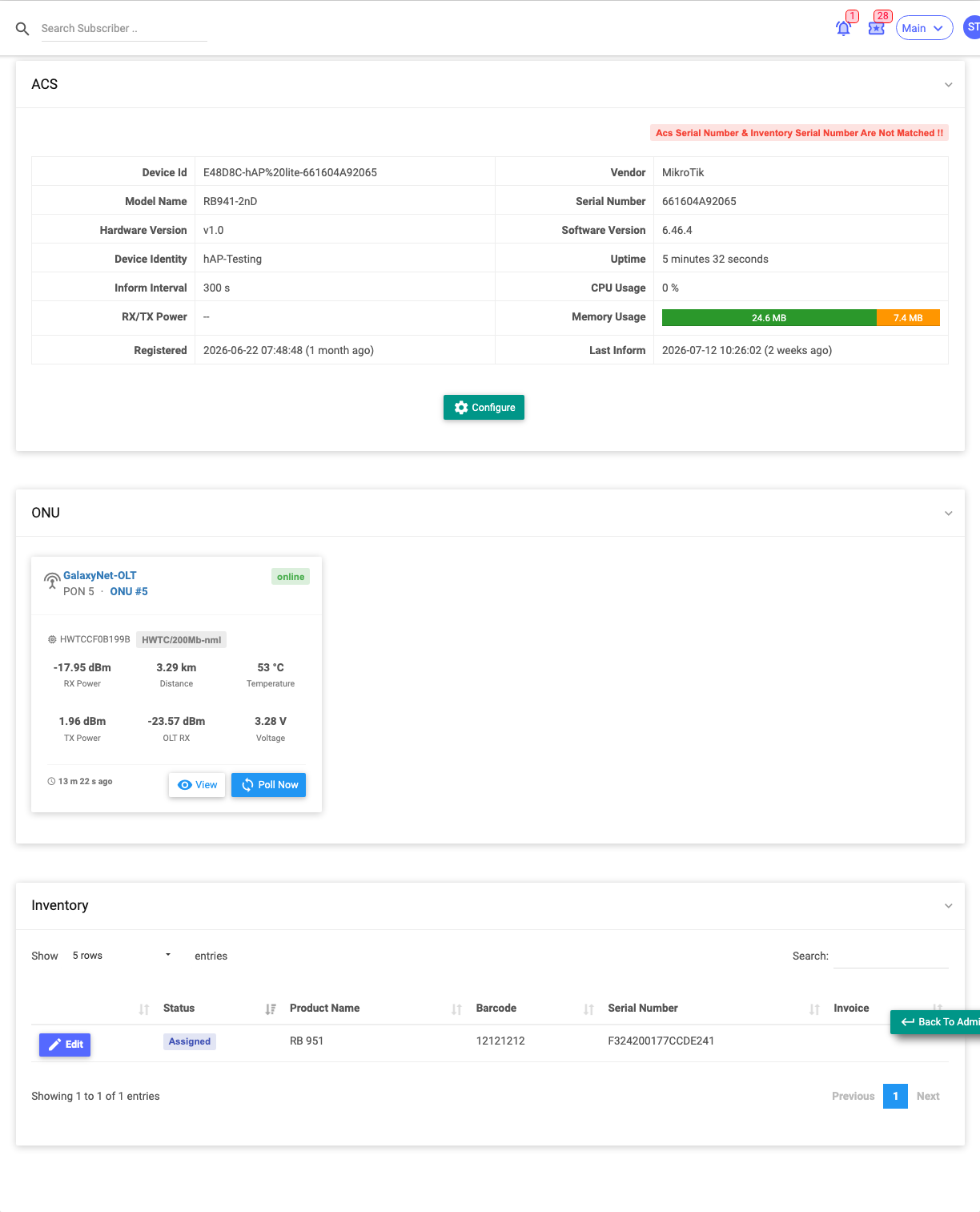 The CPE tab showing ACS device, ONU and inventory panels