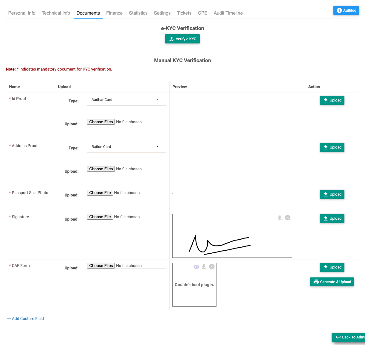The Documents & KYC tab showing e-KYC and the document upload table