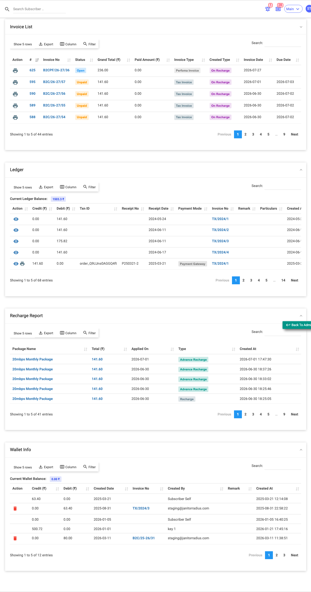 The Finance tab showing the subscriber's invoice, ledger, recharge and wallet tables
