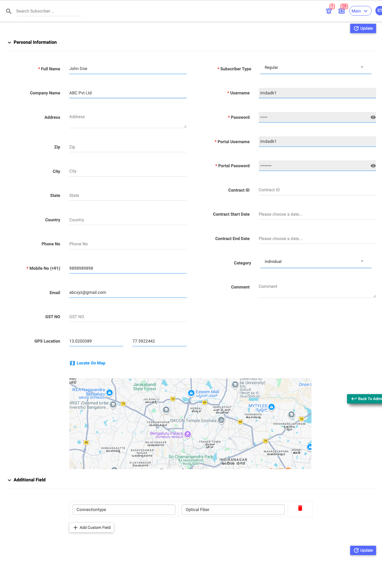 The Personal Info tab: name, contact and address on the left; sub type, credentials and contract on the right