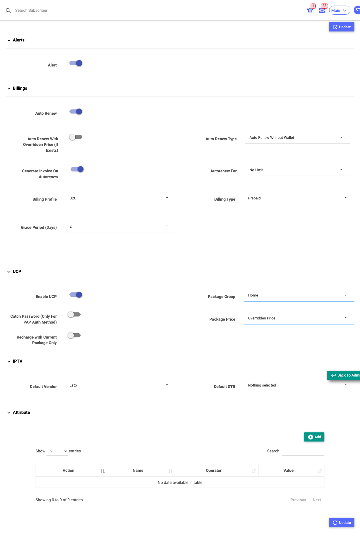 The Settings tab showing Alert, Billing Config, UCP Config, IPTV and Attribute sections