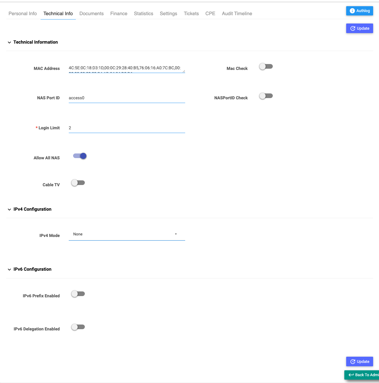 The Technical Info tab: MAC address, NAS Port ID, Login Limit, Allow All NAS, and IPv4/IPv6 configuration