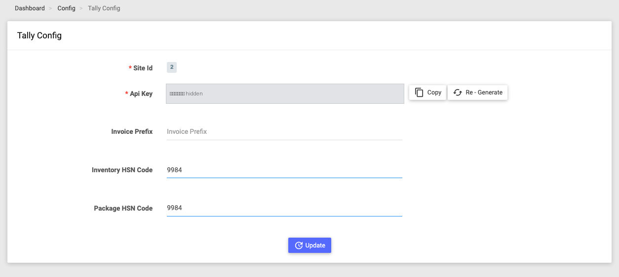 The Tally integration settings page